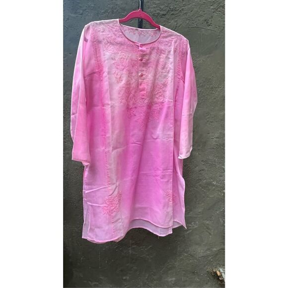PINK TIE DYE SEMI SHEER COTTON CAFTAN COVERUP EMBROIDERED LONG KURTA TOP L/XL - Picture 10 of 15